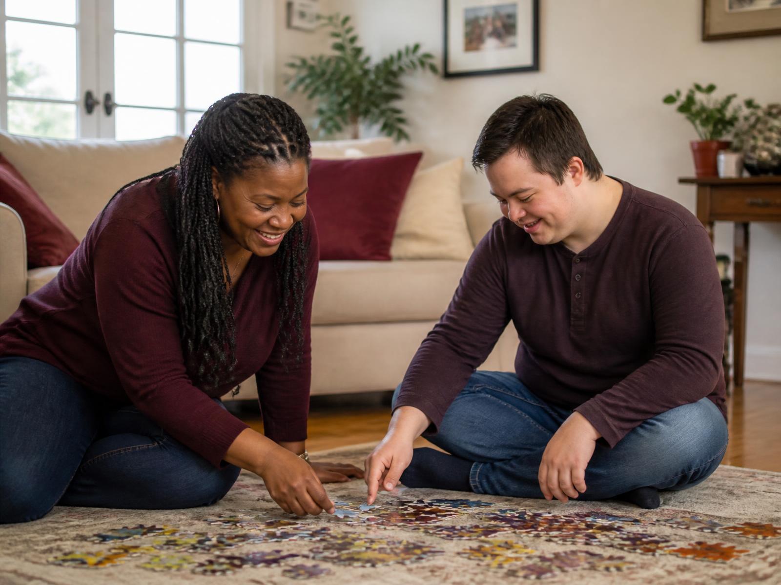 A caregiver and a young adult working on a puzzle together at home